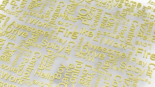 tapety žlutý text náhodná slova na světle šedém pozadí. déšť písmen slovník 3D abstraktní vykreslení ilustrace izolované. Skvělé pro typografii, vzdělání, velká písmena na bílém - Fotografie, Obrázek