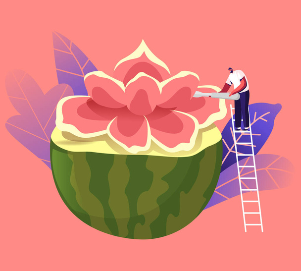 Apró férfi karakter Állj létrán faragás Virág hatalmas görögdinnye. Gyümölcs- és zöldségfaragó kézműves. Hagyományos thaiföldi művészet, kreatív hobbi, élelmiszer-szobrászat alkotás. Rajzfilm vektor illusztráció - Vektor, kép