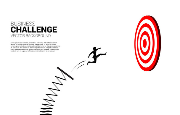 silhouette of businessman jumping to target dartboard with springboard,. Business Concept of targeting and customer.route to success. - Vector, Image