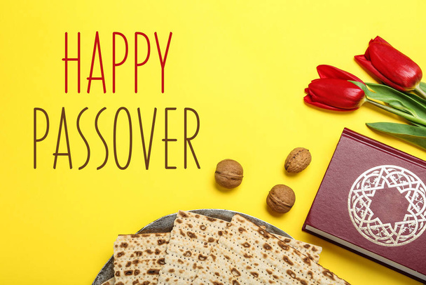 Flat lay composition with matzos on yellow background. Passover (Pesach) celebration - Fotó, kép