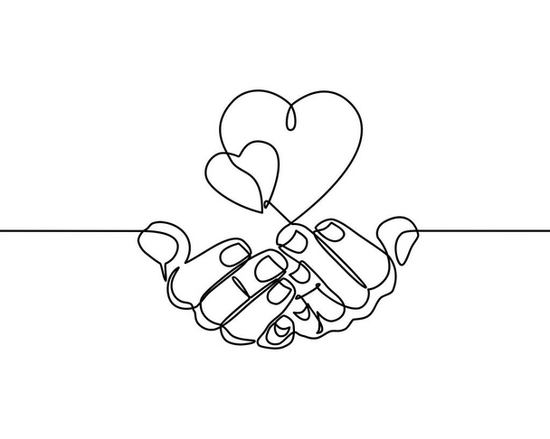 Continuous one line drawing. hands holding heart on white background. Black thin line of hand with heart image. - Vector - Vector, Image