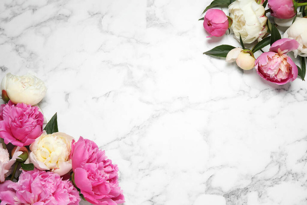 Beautiful peonies on white marble background, flat lay. Space for text - Valokuva, kuva