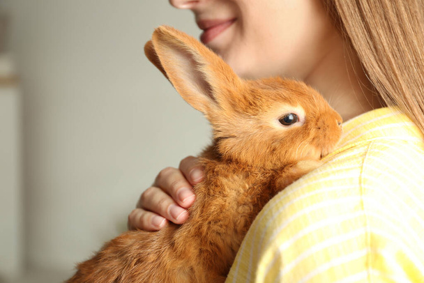 Young woman with adorable rabbit indoors, closeup. Lovely pet - Foto, immagini