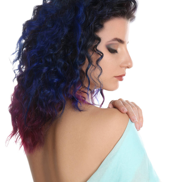 Young woman with bright dyed hair on white background - Foto, immagini
