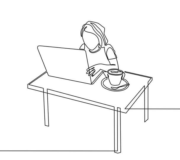 ciągły rysunek kobiet siedzących i oglądających laptop. Kobiety pracują przy komputerze. Ilustracja wektora - Wektor, obraz