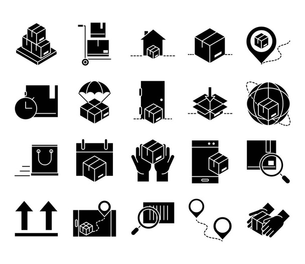 delivery packaging, cargo distribution, logistic shipment of goods icons set line style design - Vector, Image