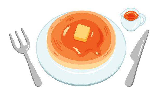 Une crêpe ronde et mignonne avec du sirop et du beurre sur une assiette blanche. - Vecteur, image