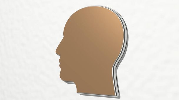 Człowiek z mózgiem z perspektywy na ścianie. Gruba rzeźba wykonana z metalowych materiałów renderingu 3D. biznes i ilustracja - Zdjęcie, obraz