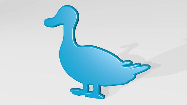 DUCK from a perspective on the wall. A thick sculpture made of metallic materials of 3D rendering. bird and cartoon - Foto, immagini