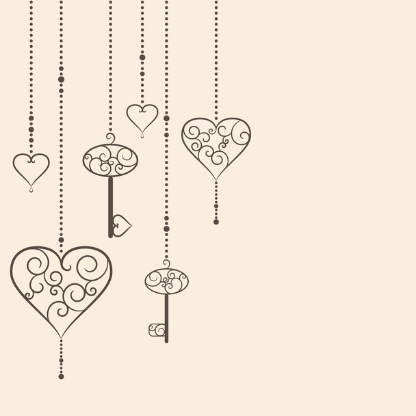 Vintage hearts and keys hanging - Vektor, obrázek