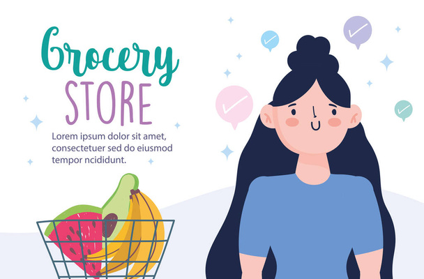 Online market, alışveriş sepeti ve meyveli kadın, markette yiyecek teslimatı - Vektör, Görsel