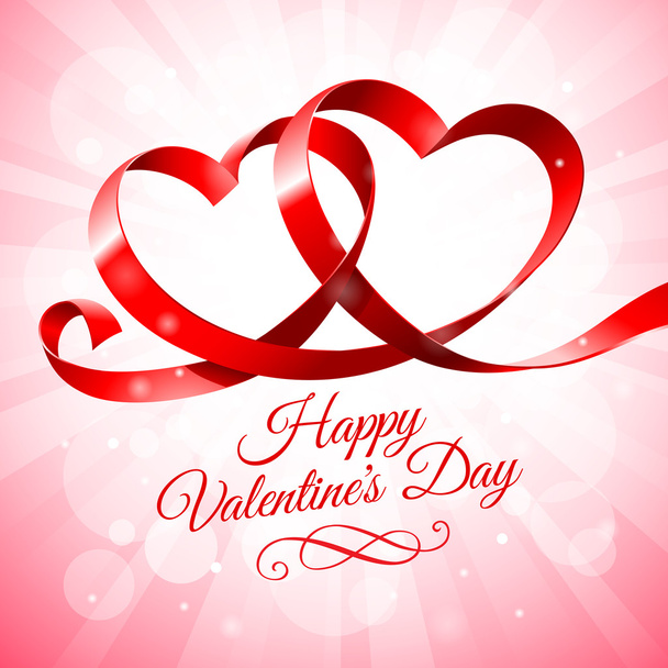 Red ribbon with two hearts intertwined on pink background - Vector, Image