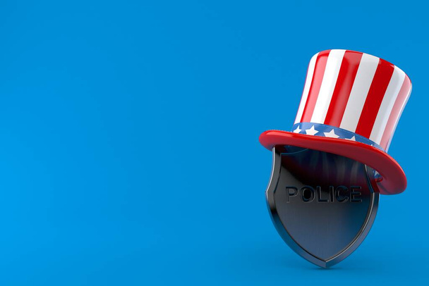 Polizeiabzeichen mit US-Hut isoliert auf blauem Hintergrund. 3D-Illustration - Foto, Bild