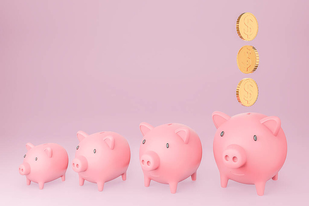 Las alcancías rosadas aumentan de tamaño y las monedas caen en una más grande. Creciente inversión y concepto de ahorro., modelo 3d e ilustración
. - Foto, Imagen