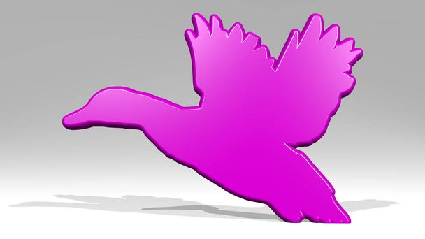 pták na zdi. 3D ilustrace kovové plastiky na bílém pozadí s jemnou texturou. zobák a kreslený - Fotografie, Obrázek