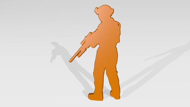 Soldato con pistola appesa al muro. Illustrazione 3D di scultura metallica su sfondo bianco con texture delicata. esercito e guerra - Foto, immagini