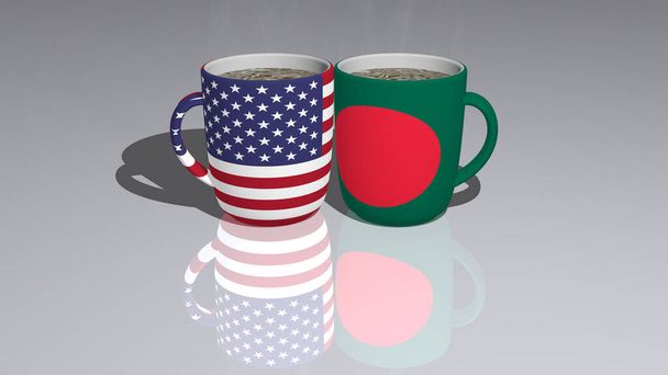 Stany Zjednoczone Ameryki i Bangladesz umieszczone na filiżance gorącej kawy w 3D ilustracji z realistyczną perspektywą i cienie odzwierciedlone na podłodze - Zdjęcie, obraz