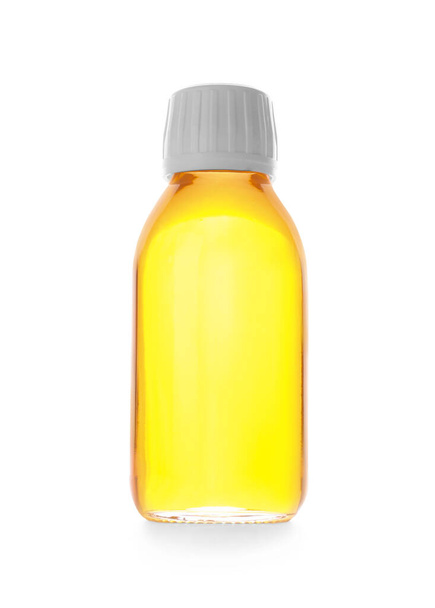 Flasche Hustensaft auf weißem Hintergrund - Foto, Bild