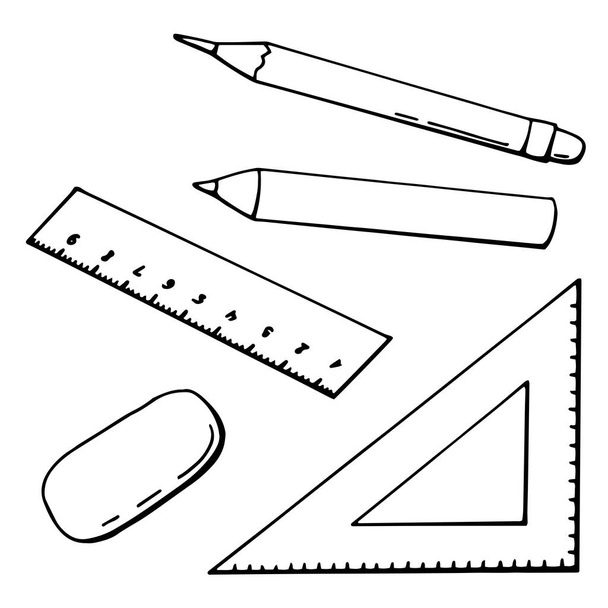 学校の備品だ。正方形、支配者、消しゴム、鉛筆。線画だ。白地を隔離しろ。ストックイラスト. - ベクター画像