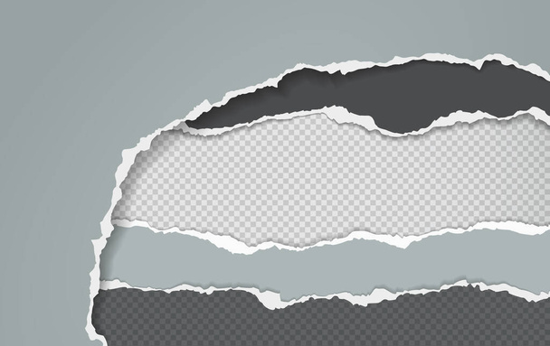 Torn, ripped pieces grey and white paper with soft shadow are on squared background for text. Vector illustration - Vector, Image