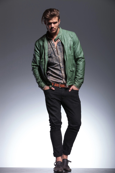 fashion man in leather jacket posing - Photo, image