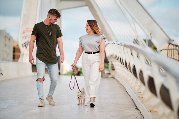 beautiful curvy model and handsome man taking a walk with their dog in an urban scene - Foto, Imagen