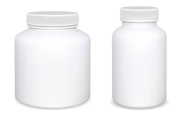 サプリメントボトルモックアップコレクション。ビタミン、アスピリンの白いプラスチック製の箱のデザインは、背景に隔離されました。薬局のカプセル瓶3D空白のテンプレート。現実的な錠剤薬容器セット。薬 - ベクター画像