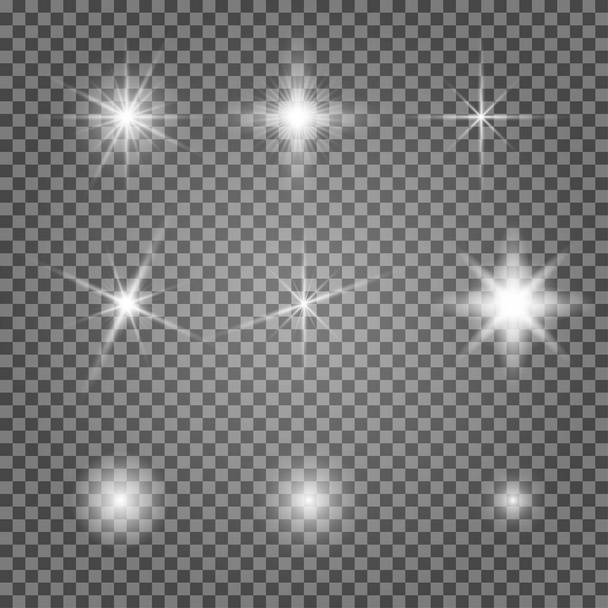 Valosoihdutustehoste asetettu. Flash Lihgtning tähti eristetty läpinäkyvällä taustalla. Loistava tähtien kipinä linssissä. Kokoelma taika joulun pilke. Abstrakti häikäisyn räjähdys - Vektori, kuva