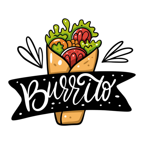 Burrito mexikanisches Essen. Handgezeichnete flache Vektordarstellung. Isoliert auf weißem Hintergrund. - Vektor, Bild