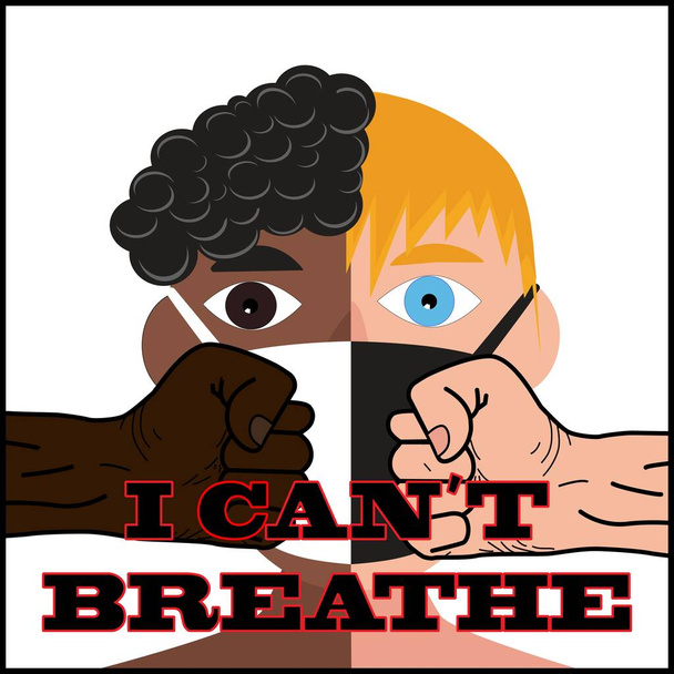 En saa henkeä. Taistelu oikeuden puolesta. Afroamerikkalaisen nyrkki on suunnattu eurooppalaisen nyrkkiä vasten mustavalkoiseksi jaetun naamion ihmiskasvojen taustalla. Tunnus - Vektori, kuva