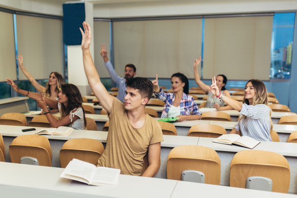 grupo de estudantes levantando as mãos em sala de aula sobre palestra
 - Foto, Imagem