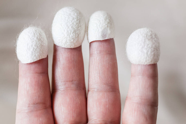 натуральные шелковые коконы для ухода за кожей лица носить на кончиках пальцев закрыть
 - Фото, изображение