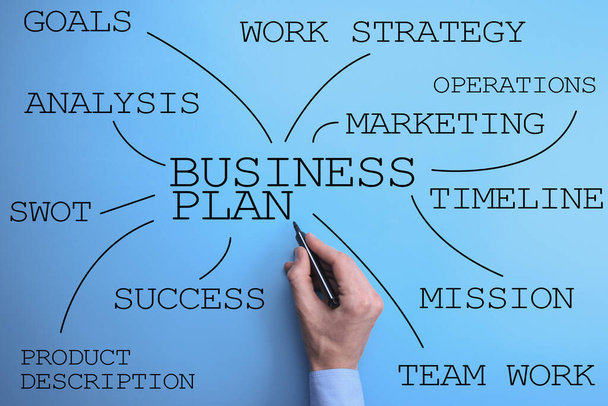 Hombre de negocios escribiendo concepto de plan de negocios en fondo azul. Vista superior
. - Foto, imagen