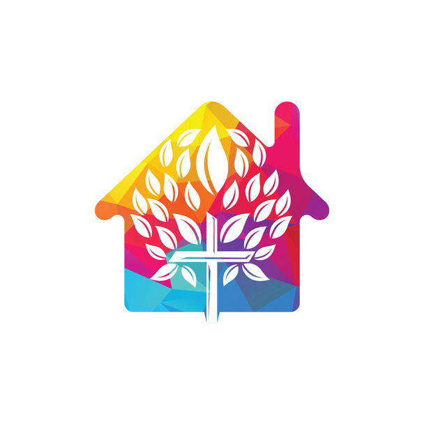 Abstracto hogar y árbol símbolo de cruz religiosa icono de diseño vectorial. Plantilla de diseño de árbol de oración y logotipo de vector doméstico
. - Vector, imagen