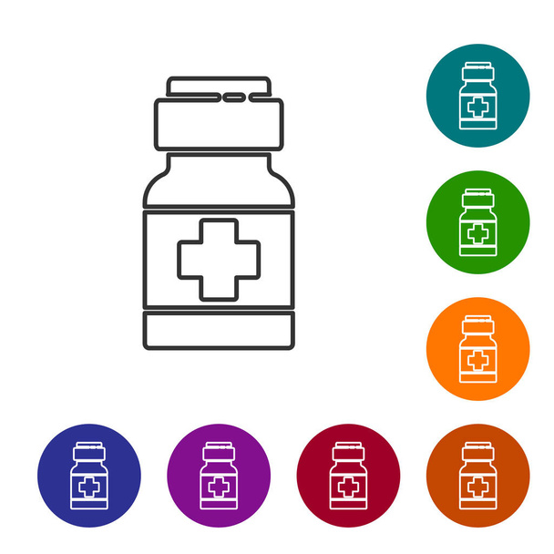Black line Medicine bottle and pills icon isolated on white background. Medical drug package for tablet, vitamin, antibiotic, aspirin. Set icons in color circle buttons. Vector.. - Vector, Image
