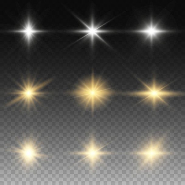 Set von goldenen leuchtenden Lichteffekten auf transparentem Hintergrund. Ein Sonnenstrahl mit Strahlen und Scheinwerfern. Glühwirkung. Der Stern platzte vor Glanz. - Vektor, Bild