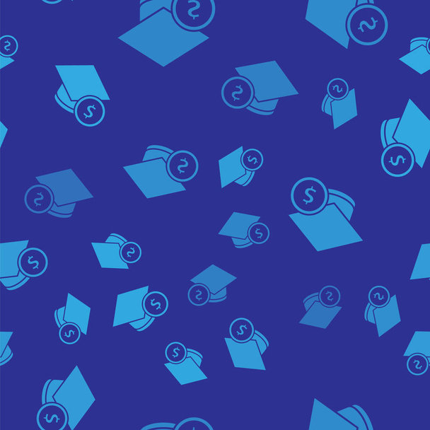 Blue Graduation čepice a ikona mince izolované bezešvé vzor na modrém pozadí. Vzdělání a peníze. Pojem stipendijní náklady nebo půjčka, školné nebo studijní poplatek. Vektor.. - Vektor, obrázek