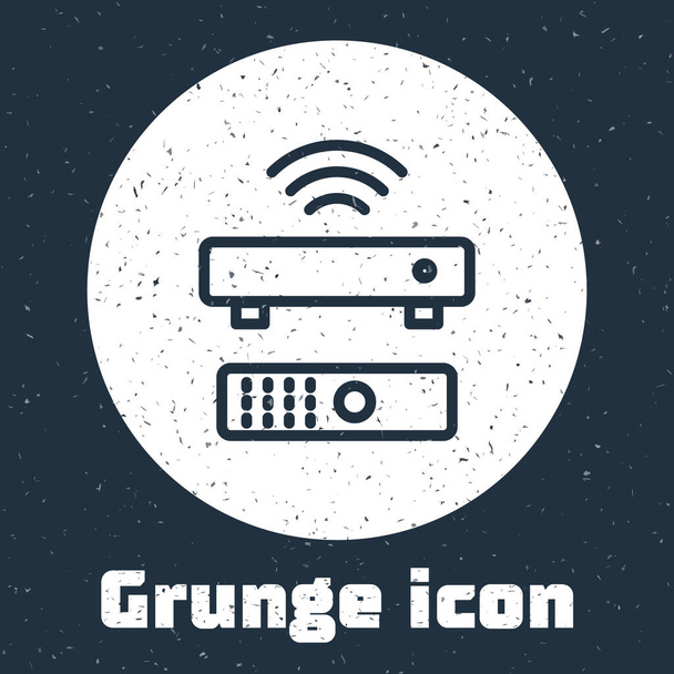 Grunge line Draadloze multimedia en TV box ontvanger en speler met remote controller icoon geïsoleerd op grijze achtergrond. Monochrome vintage tekening. Vector. - Vector, afbeelding