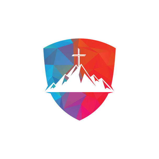 Shield Baptist cross in mountain logo design. Cross on top of the mountain. - Vector, Image