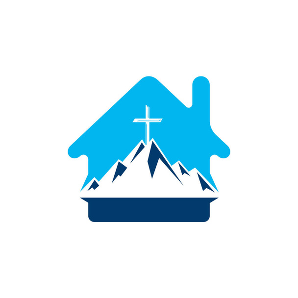 山のロゴデザインのバプテストクロス。山と家の形のロゴの上に十字. - ベクター画像