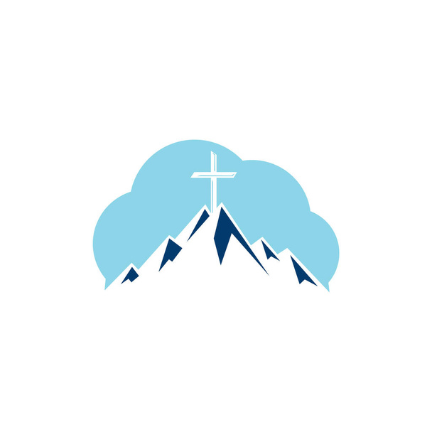 山のロゴデザインのバプテストクロス。山と雲の形のロゴの上に十字. - ベクター画像