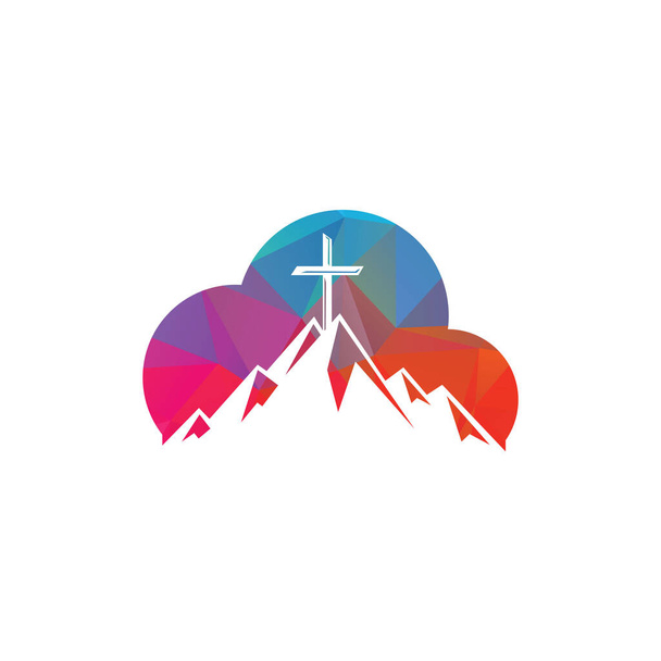 Baptistenkreuz im Logo-Design der Berge. Kreuz auf dem Berg und wolkenförmiges Logo. - Vektor, Bild