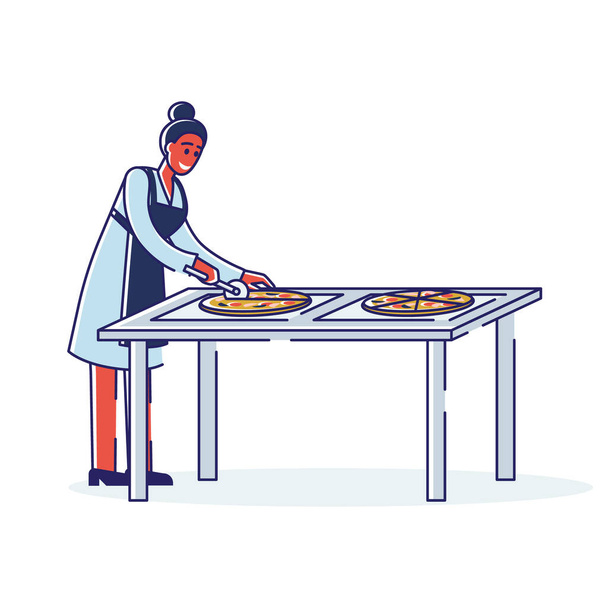 Femme chef tranchant pizza avant la livraison. Caractère féminin dans la coupe de tablier et de servir la pizza - Vecteur, image