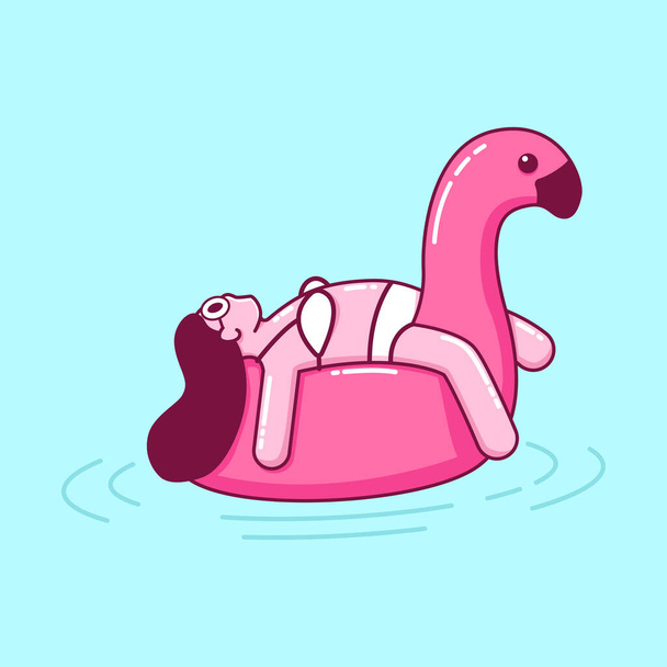 Ilustração dos desenhos animados do vetor do verão com uma menina bonito que flutua no anel de borracha inflável do flamingo
. - Vetor, Imagem