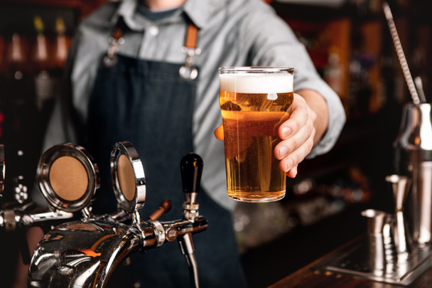 Cantinero sirve cerveza ligera al cliente en el bar interior del pub
 - Foto, imagen