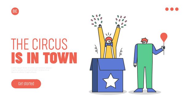 Circus Landing Page für Website mit lustigen Clowns in bunten Kostümen, die aus der Box springen - Vektor, Bild
