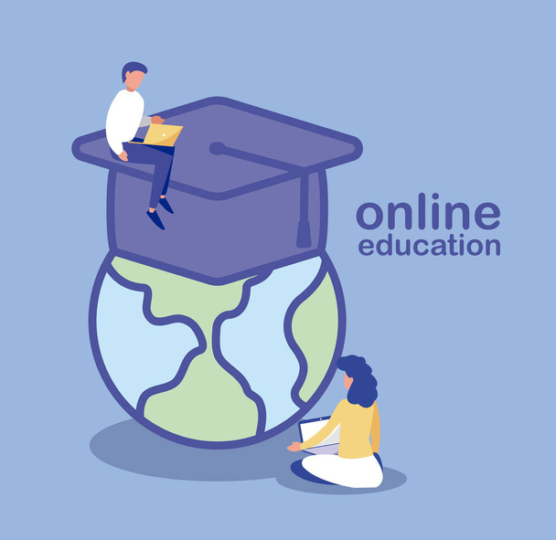hombre y mujer con sombrero de graduación, educación en línea
 - Vector, imagen