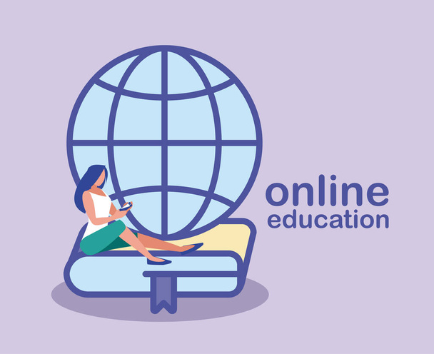 γυναίκα ψάχνει για πληροφορίες στο διαδίκτυο, online εκπαίδευση - Διάνυσμα, εικόνα