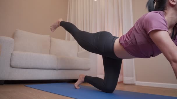 Aasialainen nuori nainen harjoittelee joogaa sinisellä matolla olohuoneessa, liikuntaa covid-19 lukon takana, kotikuntoilua, rauhallista rentoutumista, hyvinvointia terveellistä, joustavaa kehoa joogalla. motivaatio  - Materiaali, video