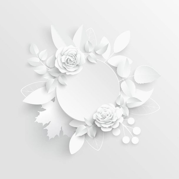 Une fleur de papier. Cadre rond avec des fleurs coupées abstraites. Rose blanche. Décorations de mariage. Bouquet de mariée décoratif. Modèle de carte de vœux. Contexte. Illustration vectorielle - Vecteur, image